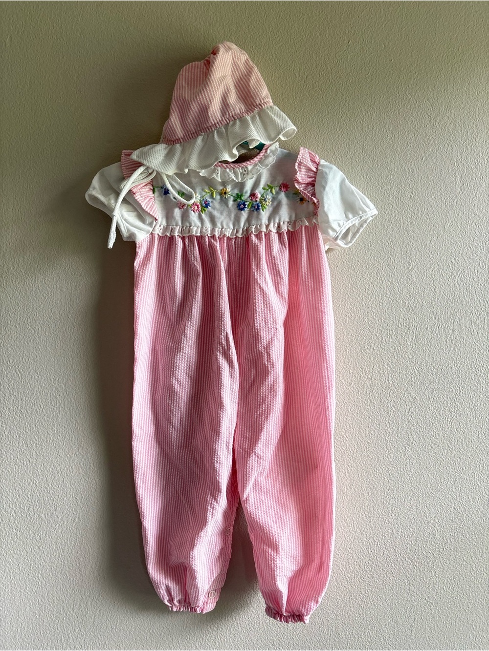 Vintage Carter's Pink & White Striped Baby Romper Floral Embroidery and Bonnet